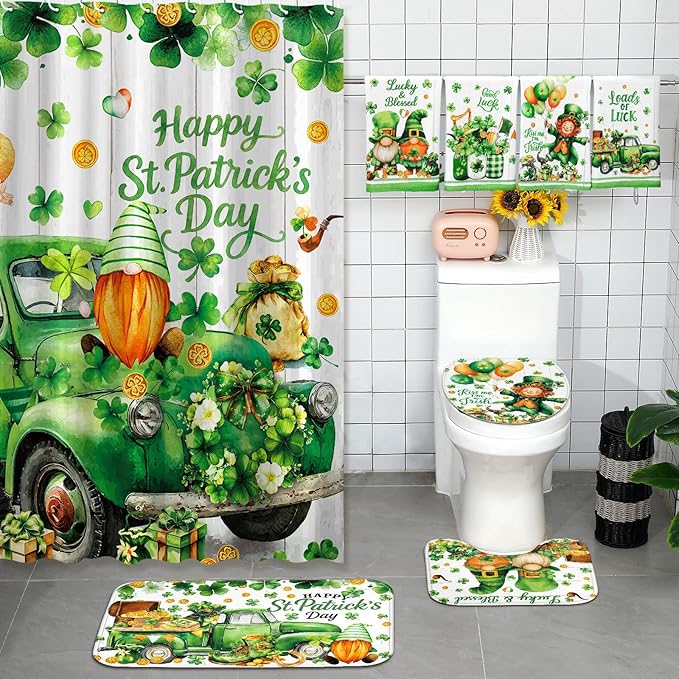 FuWeave 8 Pcs St. Patrick's Day Shower Curtain Sets for Bathroom Decor Shamrock Bathroom Accessories Irish Lucky Clover Green Shower Curtain Sets with Towels Carpet Bath Mat Toilet Rugs and 12 Hooks