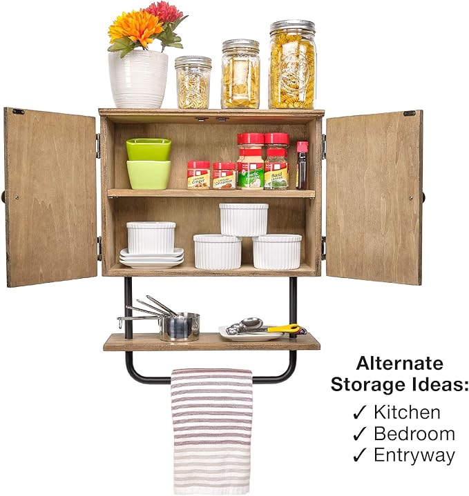 EXCELLO GLOBAL PRODUCTS 17x21'' Barndoor Bathroom Wall Cabinet, Space Saver Storage Cabinet Kitchen Medicine Cabinet with Adjustable Shelf and Towel Bar, Brown
