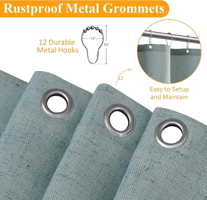 Naturoom Light Blue Linen Shower Curtain, Country Boho Farmhouse Bath Decor Shower Curtains Neutral Cloth Weighted Textured Fabric Bath Curtain Liner with Hooks, 72x78