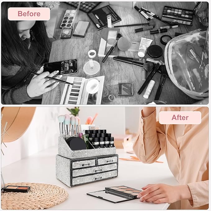 KEYPOWER Makeup Organizers Drawer Bling Diamond,Countertop Jewelry Cosmetic Storage Display Boxes,Makeup Brush Holder,2 Pieces Set(Purely Handmade) (White A)
