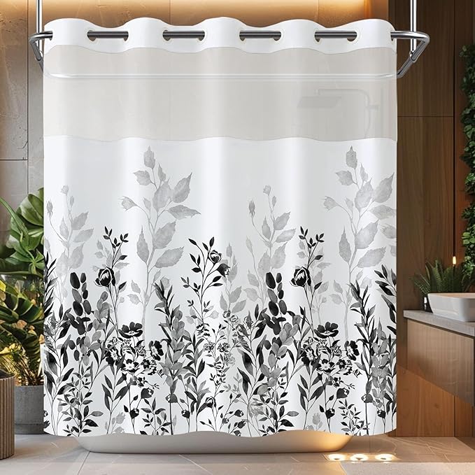 Neasow No Hook Shower Curtain with Snap in Liner, Plant and Flower Curtains with Waterproof Inner Liner for Bathroom, Black and Grey 72×74 inches