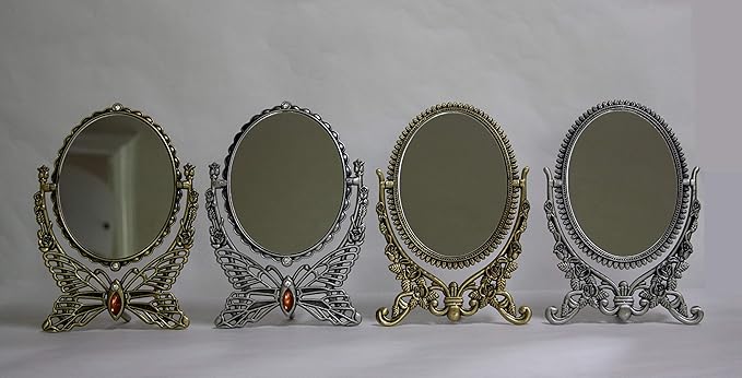 SEHAMANO Vintage Antique Embossed Roses Pattern Makeup Table Mirror, Decorative Oval Shaped Stand Mirror, Vanity Cosmetic Double Sided Rotatable Ellipse Metal Frame Mirror (Tin (Matt Grey), Large)