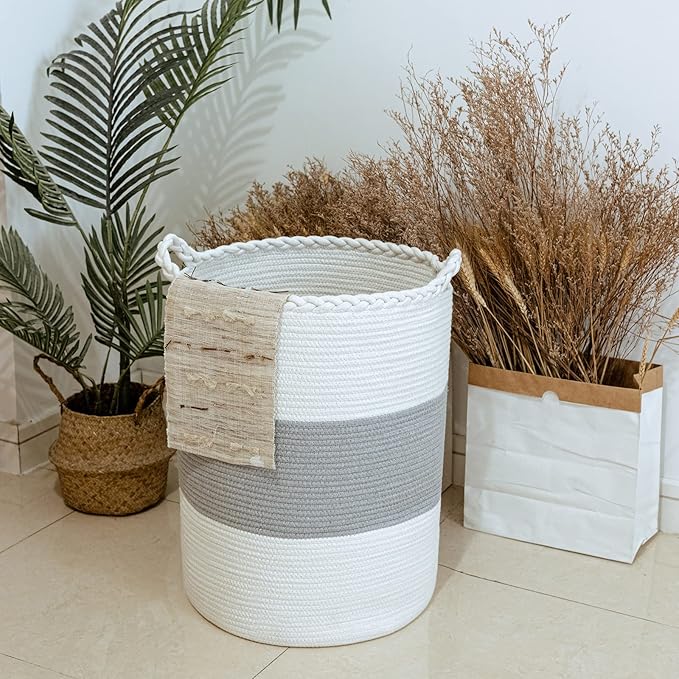 72L Woven Laundry Basket,Tall Wicker Laundry Basket for Blankets,Clothes,Pillows,Toys,Shoes Large Cotton Laundry Hamper for Bedroom,Living Room,Bathroom