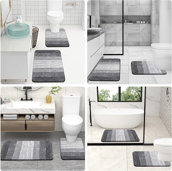 OLANLY Bathroom Rugs Sets 3 Piece, Soft Absorbent Microfiber Bath Mats and U-Shaped Contour Toilet Rug, Plush Shaggy Bath Mat Set for Bathroom (36"x24"+24"x16"+24"x20", Grey)