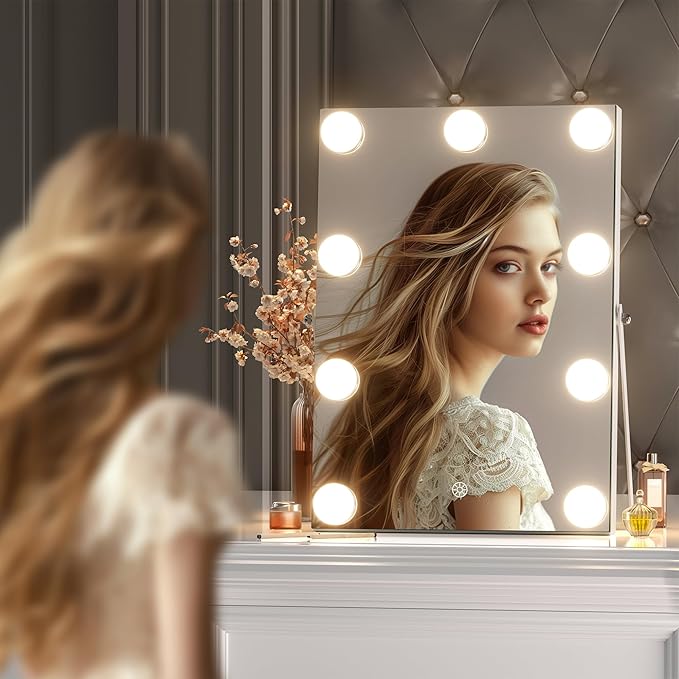Hasipu Vanity Mirror with Lights, 9.8" x 13.8" Hollywood Mirror with 9 Dimmable Bulbs,Smart Touch 3 Color Modes, 360° Rotation, White