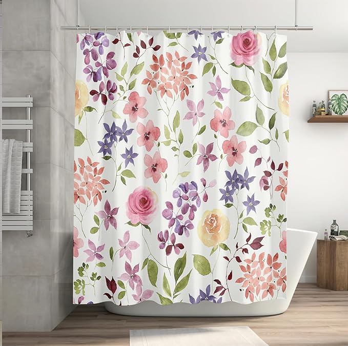 Watercolor Floral and Green Leaves Shower Curtains, Waterproof Fabric Colorful Rustic Ivory Botanical Bathroom Shower Curtain, 72 x 72 Inch