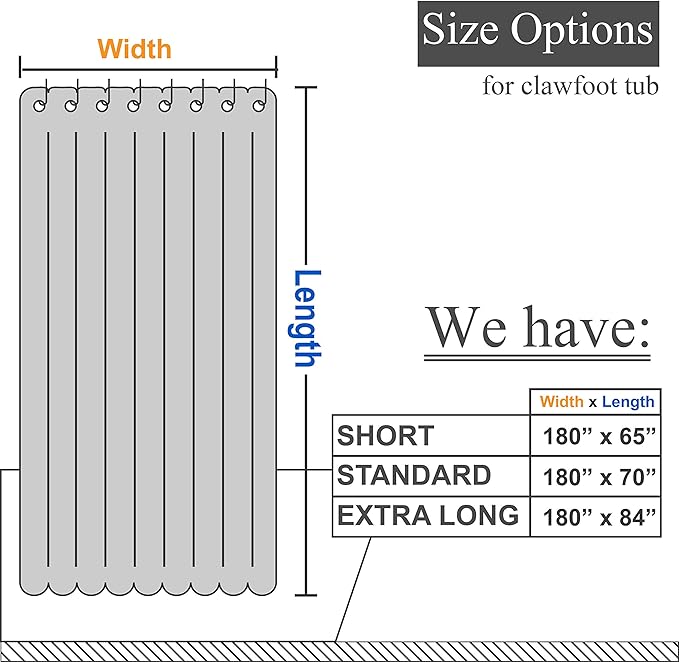 Barossa Design Waffle Weave Clawfoot Tub Shower Curtain 180 x 65 Inch Wrap Around - Heavy-Weighted Fabric to Stop Blowing, Washable, Water Repellent, with 36 Hooks Set, White, 180x65