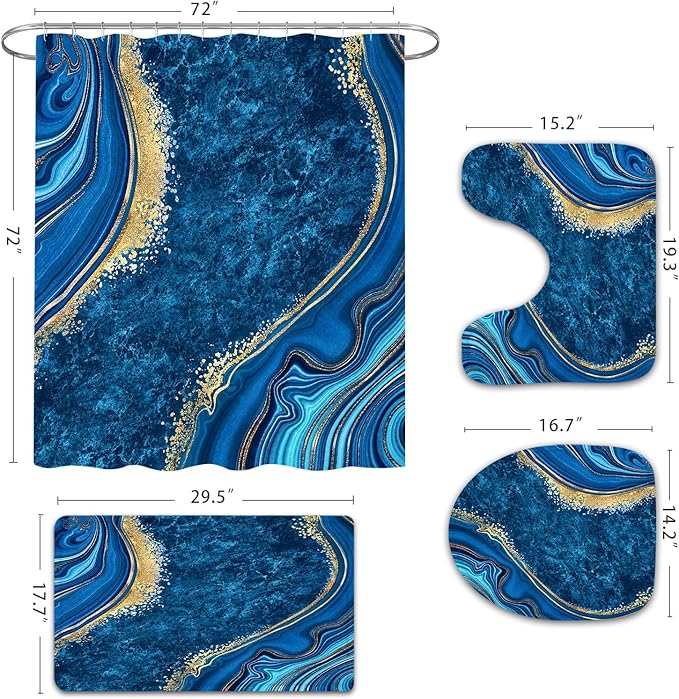 Gibelle 4 Pcs Luxury Marble Shower Curtain Set with Non-Slip Rugs, Toilet Lid Cover and Bath Mat, Gold Foil Blue Bathroom Decor Set with Shower Curtain and Rugs and Accessories