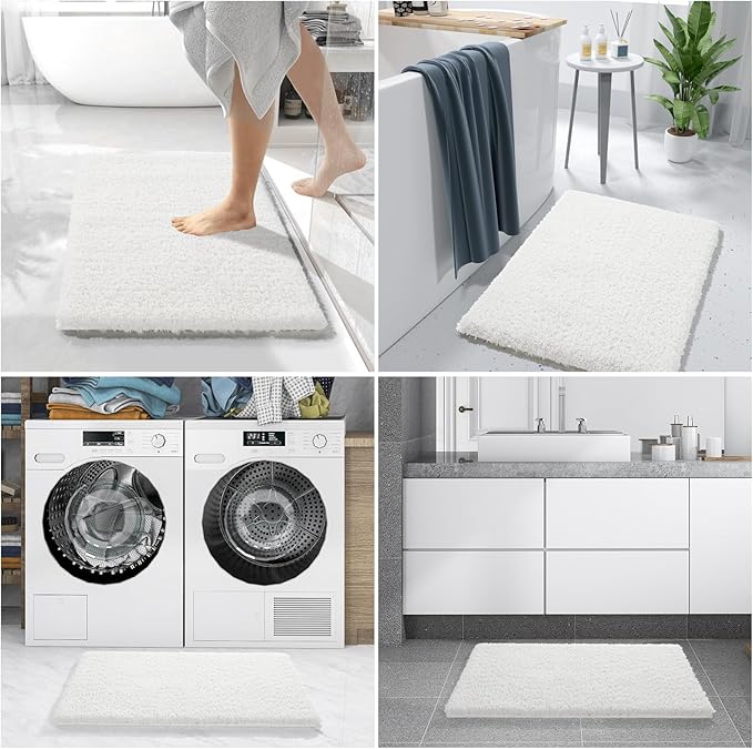 Yimobra Bathroom Rugs Non Slip Washable 47x24, Ultra Soft and Water Absorbent Bath Mats, Plush Fluffy Shower Mat Outside, Luxury Microfiber Thick Matts for Bathroom Floor/Tub, Off White