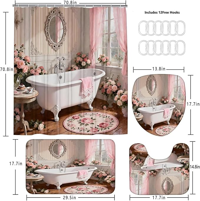 DDQQ 4 Pcs Pink Rose Shower Curtain Floral Bathroom Sets with Shower Curtain and Rugs Romantic Flowers Shower Curtain Set Women Bathroom Decor Bathroom Rug Set Toilet Lid Cover Hooks