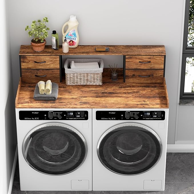 Unionly Washer and Dryer Countertop, 27.5" D x 53.9" W x 12.9" H Solid Wood Washer Dryer Countertop with Organizer Shelves with Four Drawers for Laundry Room Organization (Rustic Brown)