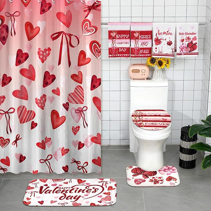 FuWeave 8 Pcs Valentines Shower Curtain Set Red Conversation Hearts Sweet Romantic Bathroom Decor Valentines Day Waterproof Shower Curtain Towels Non Slip Rug Toilet Lid Cover Bath Mat with 12 Hooks