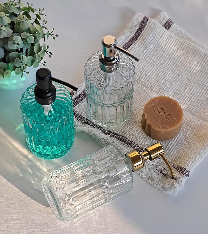 JASAI 18Oz Dazzling Clear Glass Soap Dispenser with Golden Pump for Bathroom, Refillable Kitchen soap Dispenser for Dish Soap, Bathroom Soap Dispenser for Hand Soap, Lotion.(Golden)