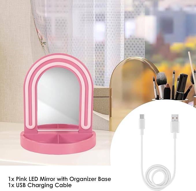 LED Vanity Mirror with Tray, for Desk, Dressing Table, Light Up Mirror for Makeup, Dorm Desk Vanity Mirror with Lights, Pink
