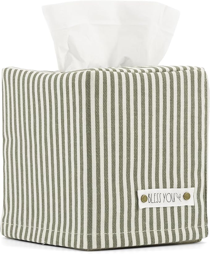 Stylish Tissue Box Cover - This Sage Striped Linen Holder Instantly Covers Your Square Tissue Boxes - The Perfect Cube Cover for Your Bathroom and Home