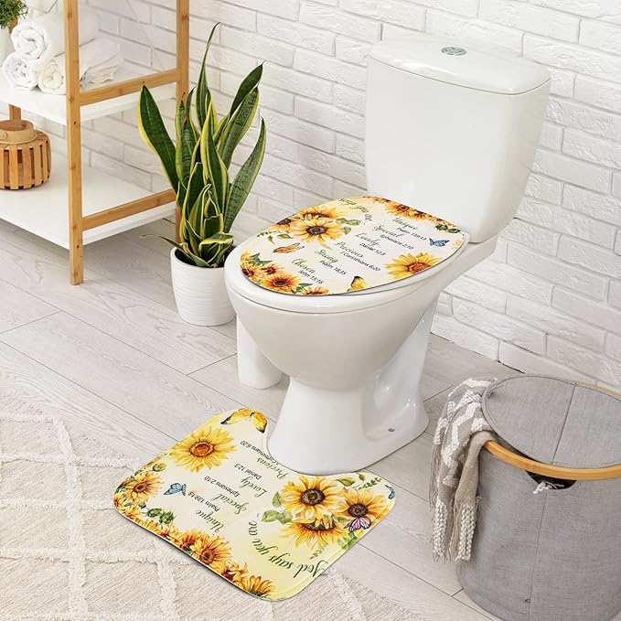 4 PCS Bathroom Shower Curtain Sets Sunflower Bathroom Set Yellow Shower Curtain with Rugs and Toilet Lid Cover Encouraging Bible Verse Floral Bathroom Decor Set Accessories
