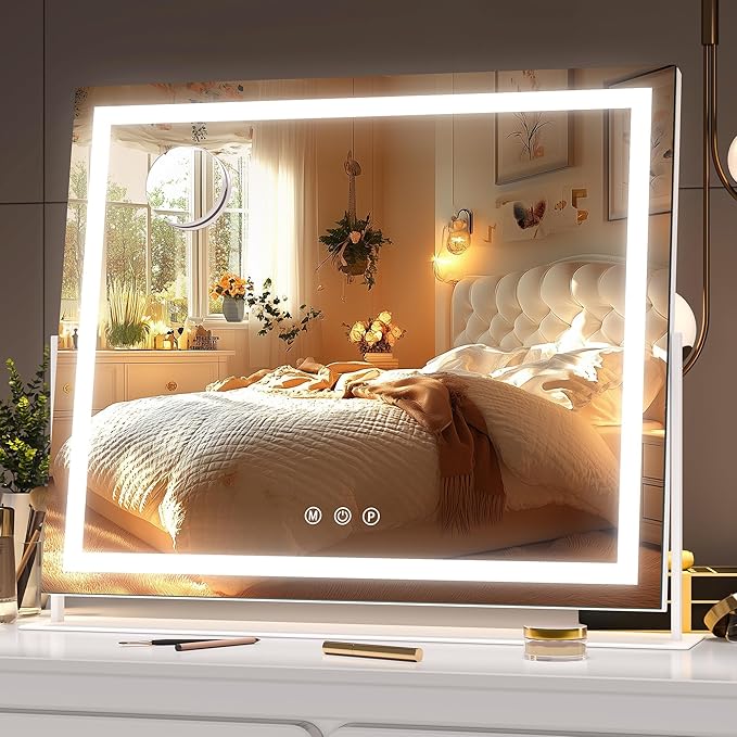 Hasipu Vanity Mirror with Lights, 16.9" x 13.4" LED Makeup Mirror, Light up Mirror with 10X Magnification, Smart Touch 3 Colors Dimmable, 360ยฐ Rotation (White)