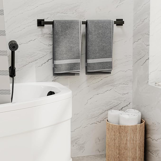 Matte Black Towel Bar, 24 Inch Bathroom Towel Rack, Towel Holder Wall Mounted, Square Base Thicken SUS304 Stainless Steel Towel Rod Modern Home Decor (Total Length 26-Inch)