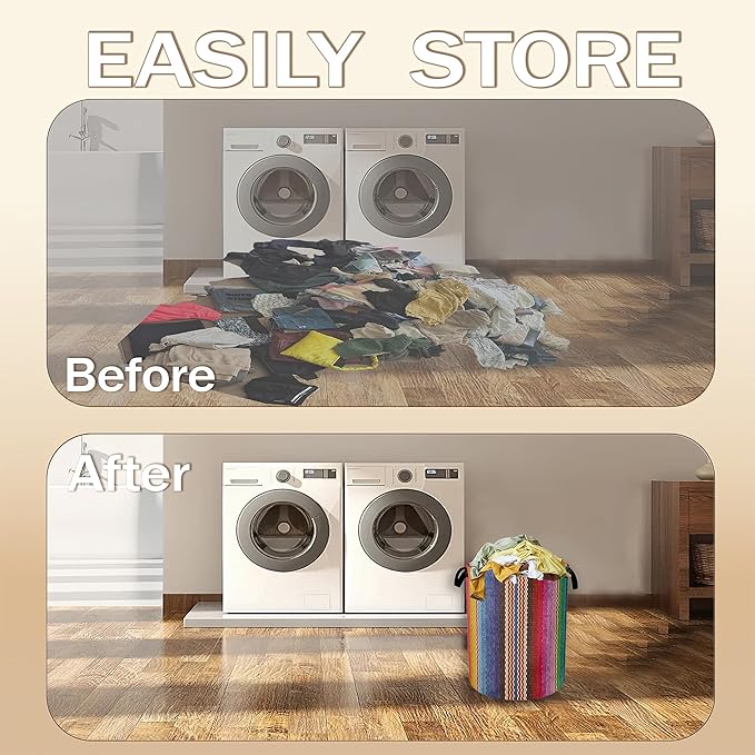 Mexican Stripes Laundry Hamper,Ethnic Collapsible Laundry Baskets,Waterproof Oxford Cloth Laundry Room Organization for Bedroom,Bathroom,Nursery,16x20 Inch