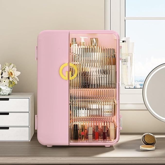 SEE SPRING Makeup Organizer for Vanity, Large Capacity Skincare Organizers and Storage with Drawers, Dustproof Cosmetic Display Case for Bathroom Countertop, Trendy Teen Girl Gifts, Pink