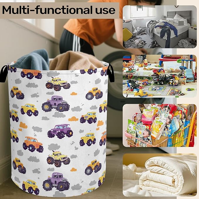 Vehicle Pattern Foldable Canvas Laundry Basket with Handles - Toy Organizer, Heavy Duty for Home,Bedroom, Dorm, Bathroom