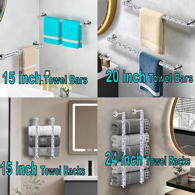 Meetart Crushed Diamond Glass Towel Bar for Bathroom,Set of 2 Towel Rods Wall-Mounted ,Towel Racks for Bath Towels,Hand Towels(21”)