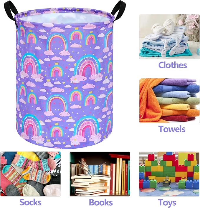 Purple Rainbow 19.7 Inch Round Laundry Clothes Hamper Laundry Basket with Handles,Storage Organizer Bins Laundry Gift Basket for Room, Bedroom Decor