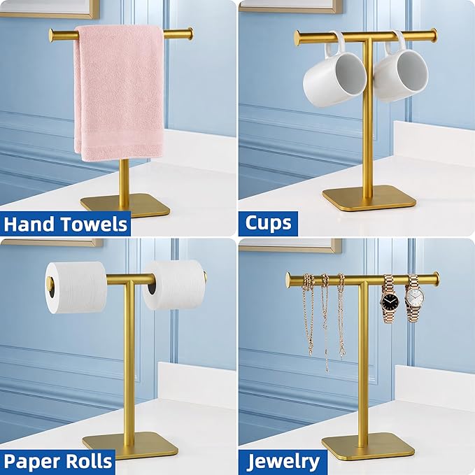 RUACQ Hand Towel Holder Stand, T-Shape Stainless Steel Free Standing Towel Rack, Vanity Countertop Towel Holder for Bathroom Kitchen Heavy Duty (Brushed Gold, 2 Pack)
