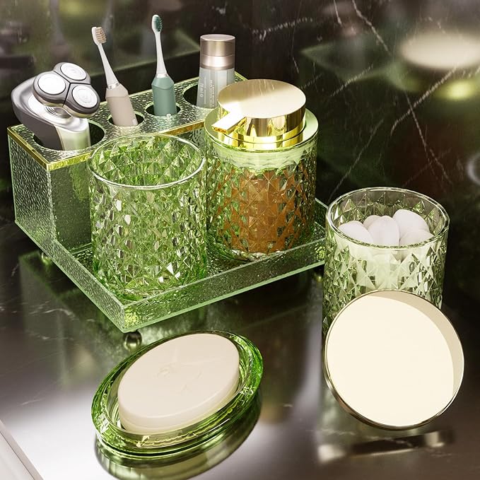 Glass Bathroom Accessories Set 5Pcs Crystal - Foaming Soap Dispenser, Soap Dish, Cup, Acrylic Toothbrush Holder with Tray Organizer, Qtip Jar, Bathroom Counter Set Sink Decor (Green)