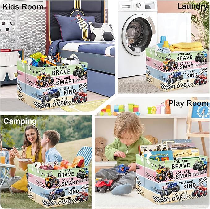 Cars Laundry Hamper Cartoon Vehicle Large Storage Basket Collapsible Parents Organizer Boy Toy Clothes Bins for Bedroom, Bathroom, Monster Truck, 36L