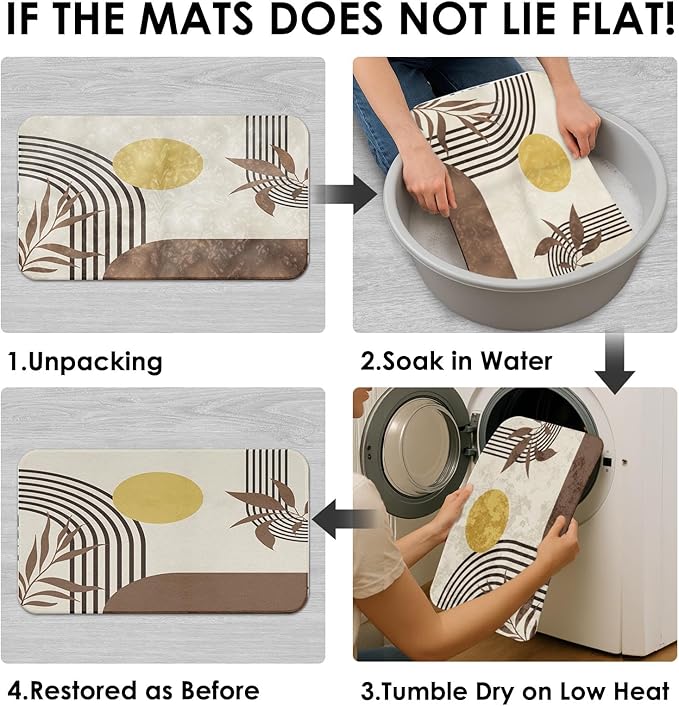 Boho Mid Century Shower Curtain Set with Toilet Lid Cover and Non-Slip Rugs, Abstract Geometric 4 Pcs Modern Minimalist Brown Yellow Vintage Shower Curtain for Bathroom Set with 12 Hooks