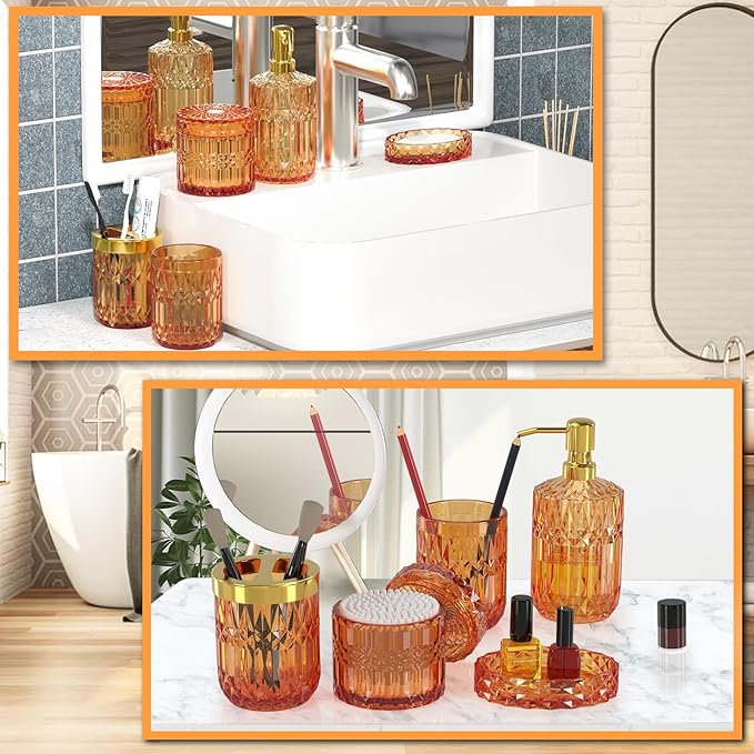 Orange Glass Bathroom Accessories Set 5 Pcs, Orange Bathroom Set, Soap Dispenser and Toothbrush Holder Set, Qtip Holder Set, Vintage Bathroom Sink Set, Cute Bathroom Decor