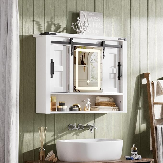Bathroom Medicine Cabinet with Mirror, Wall Mounted Medicine Cabinet with Color Adjustment LED Lights, Mirrored Over The Toilet Storage Cabinet with Sliding Barn Door & 2 Adjustable Shelf,White