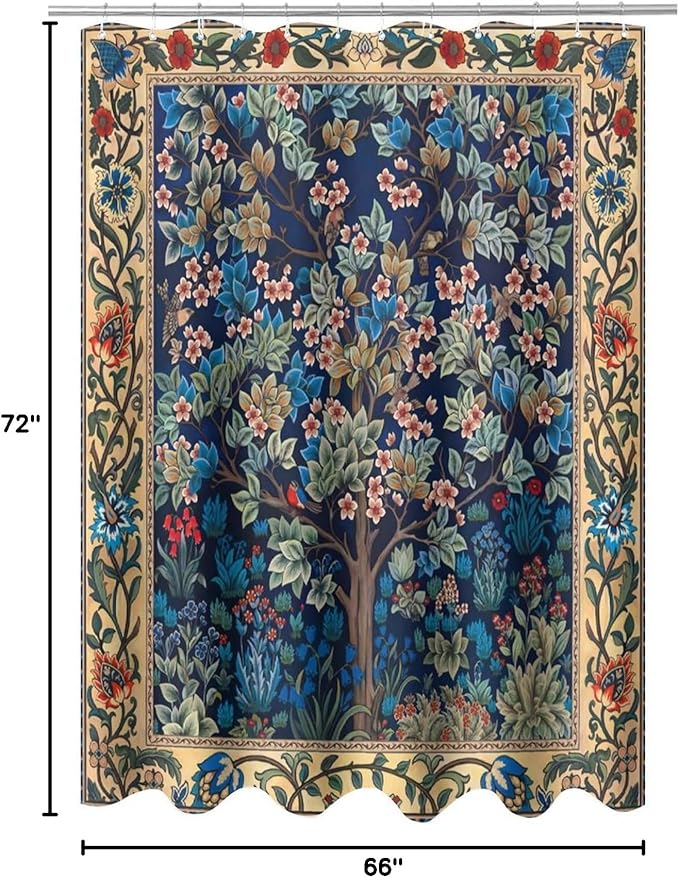 Boho Shower Curtains William Morris Art Retro Design Flower Trees Pattern Printed Shower Curtains 66""×72"" Inch, Style