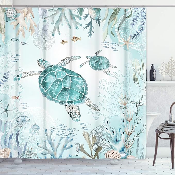 4 Piece Shower Curtain Set, Sea Turtle Waterproof Bathroom Set Accessories with Non-Slip Rugs, Toilet Lid Cover Bath Mat and 12 Hooks, Underwater Coral Starfish Animal Home Decor 72" x 72"
