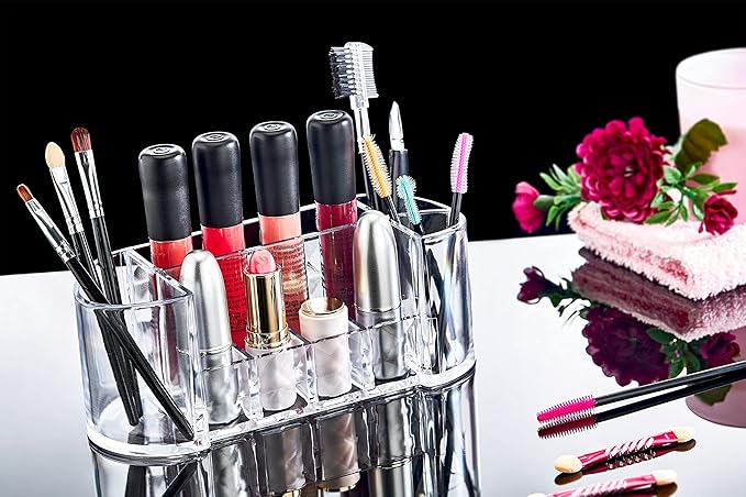 box up Makeup Organizer - 8 Compartments Lipstick Holder And Skin Care Desk Accessories, Cute Small Beauty Cosmetics Table Organizers For Women & Teen Girls, Pretty Lip Stick Gloss Storage Stand