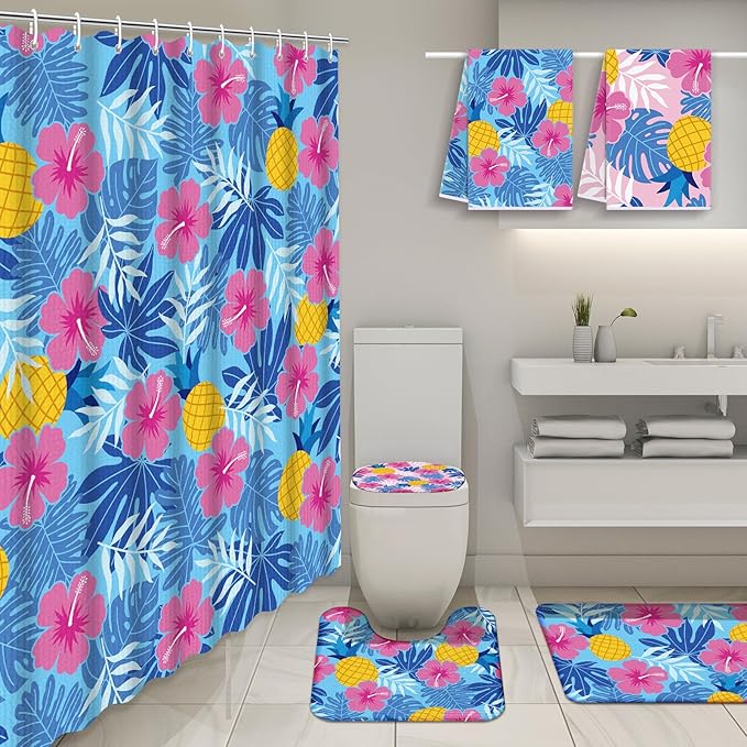 Nuanchu 6 Pcs Hawaiian Shower Curtain Set with Rug Blue Pink Flower Hibiscus Bathroom Sets with Shower Curtain Bath Mat U Shaped Mat Toilet Lid Cover 2 Bath Towels and 12 Hooks Hawaiian Bathroom Decor