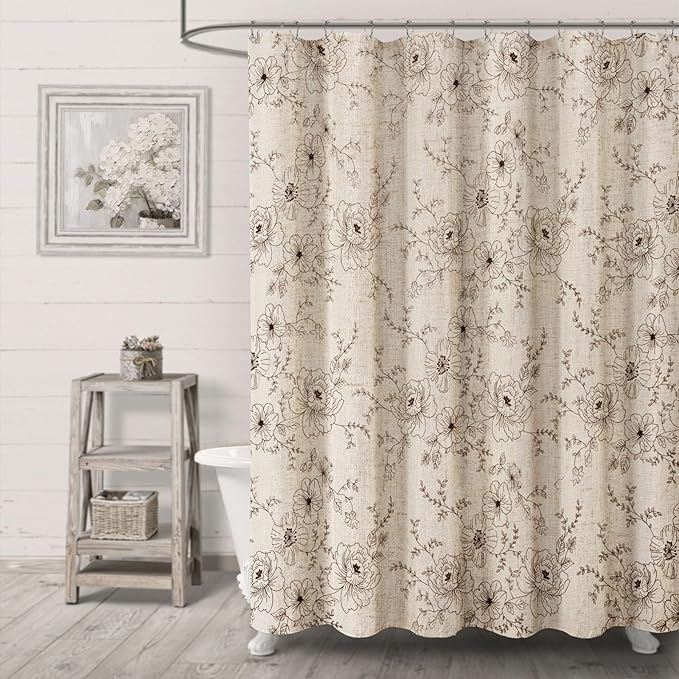 Farmhouse Floral Linen Shower Curtain, Vintage Brown Embroidered Pattern Rustic Shower Curtains for Bathroom, Tan Taupe,72x72