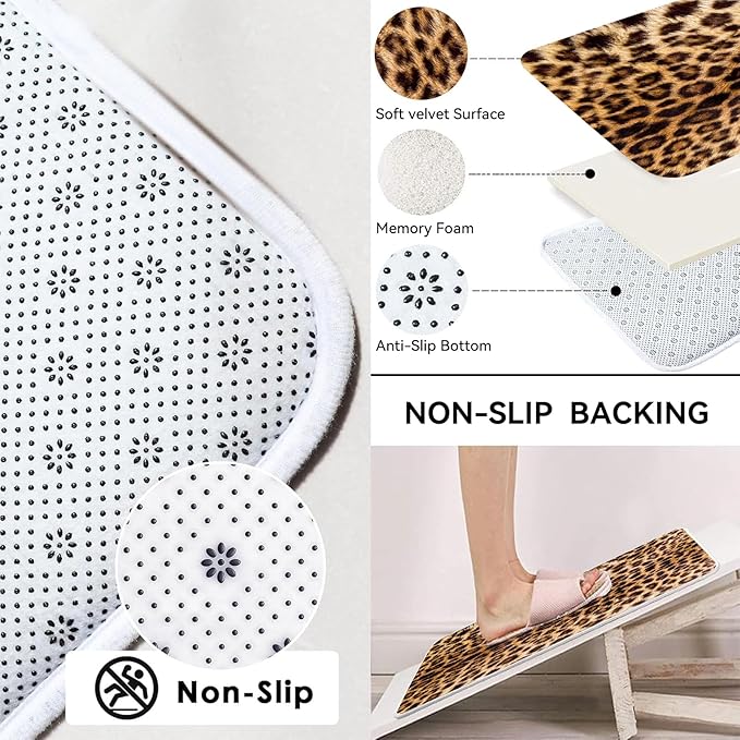 4 PCS Leopard Shower Curtain Cheetah Print Shower Curtain Sets Non Slip Bathroom Rugs Soft Plush Bath Mat Toilet Lid Cover Animal Print Shower Curtain with 12 Hooks for Bathroom Tub, Brown