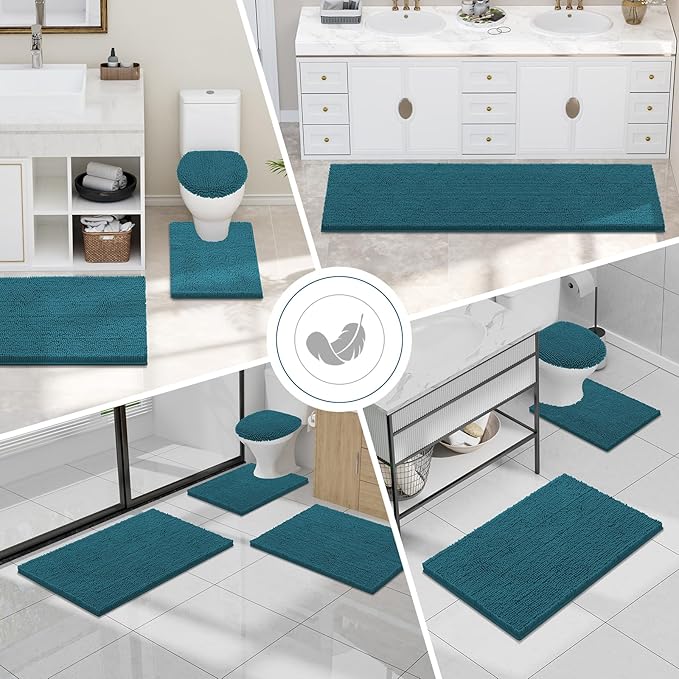 Smiry Luxury Chenille Bathroom Rugs 24x16, Extra Soft and Absorbent Shaggy Bath Mat, Machine Washable, Non-Slip Plush Carpet Runner for Tub, Shower, and Floor, Home Decor Accessories, Lake Blue
