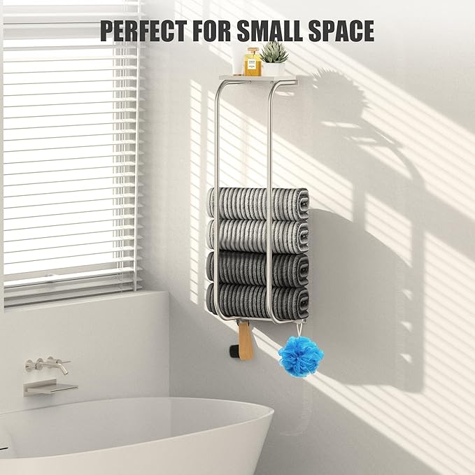 Towel Racks for Bathroom, Curved Bathroom Towel Storage Wall Mounted 30 inch with Shelf Can Holds 6 Large Towels, Wall Towel Rack for Rolled Towels, Brushed Nickel