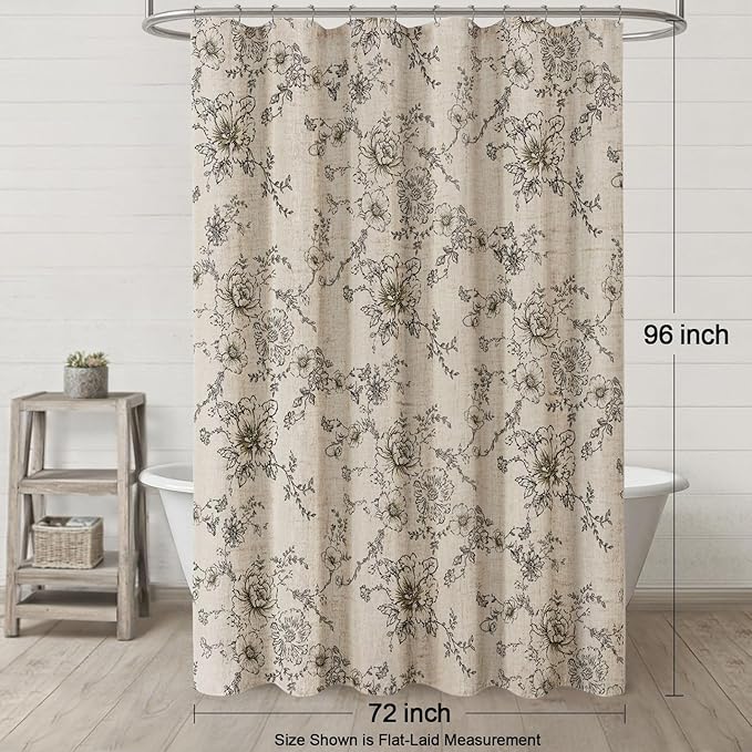 Farmhouse Floral Linen Shower Curtain, Vintage Black Pattern Rustic Shower Curtains for Bathroom, Tan Taupe,72x96