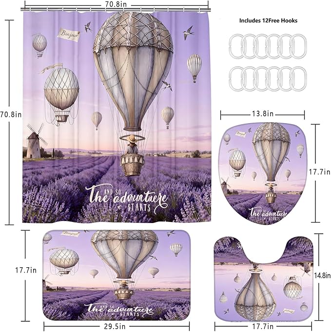 jieprom 4 Piece Purple Lavender Shower Curtain Set with Rugs, Hot Air Balloon & Windmill Landscape Art, Romantic French Country Aesthetic Bathroom Decor, Non-Slip Mats, Waterproof Fabric