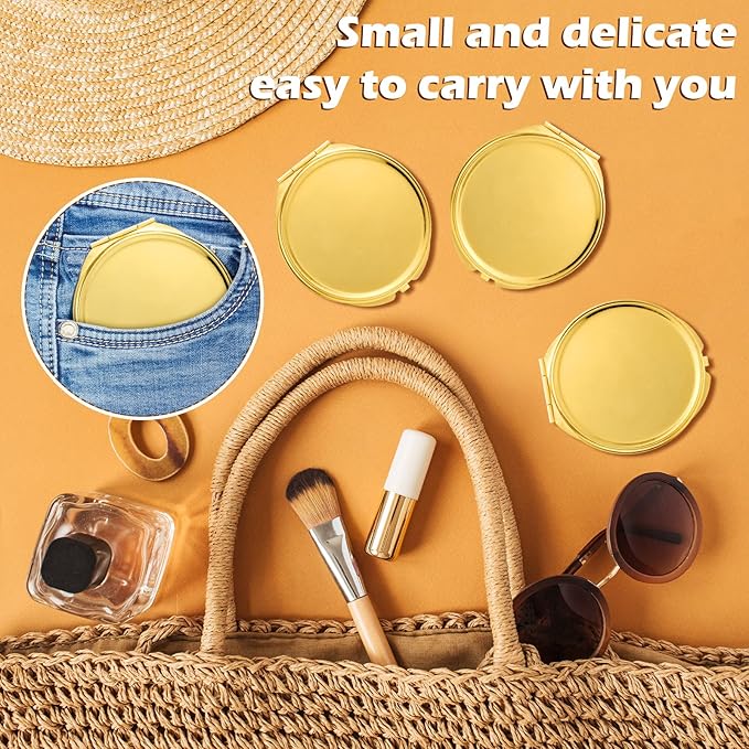 Yalikop 8 Pcs Gold Compact Mirror Bulk, Metal Round Shell, 1x 2x Magnification Double Sided, Portable, Folding, Mini Travel Pocket Mirror for Women Girls Party Favor Bridesmaid Christmas Gifts