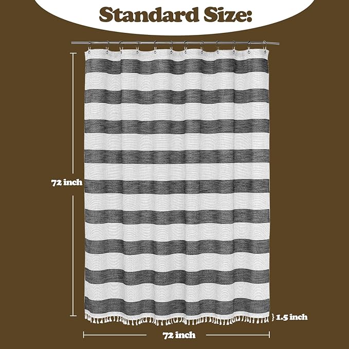 Black and White Farmhouse Thick Shower Curtain with Tassels, 350GSM Cotton Linen Soft Fabric Shower Curtain Boho Chic, 72 x 72 Inch Vintage Striped Heavyweight Bathroom Curtain Water-Repellent