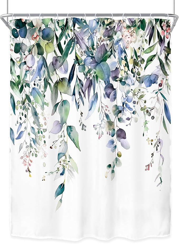 Riyidecor Extra Long Navy Eucalyptus Shower Curtain for Bathroom Decor 54Wx78H Eucalyptus Plants Leaves Botanical Leaf Floral Art Printed Fabric Polyester Waterproof 12 Pack Plastic