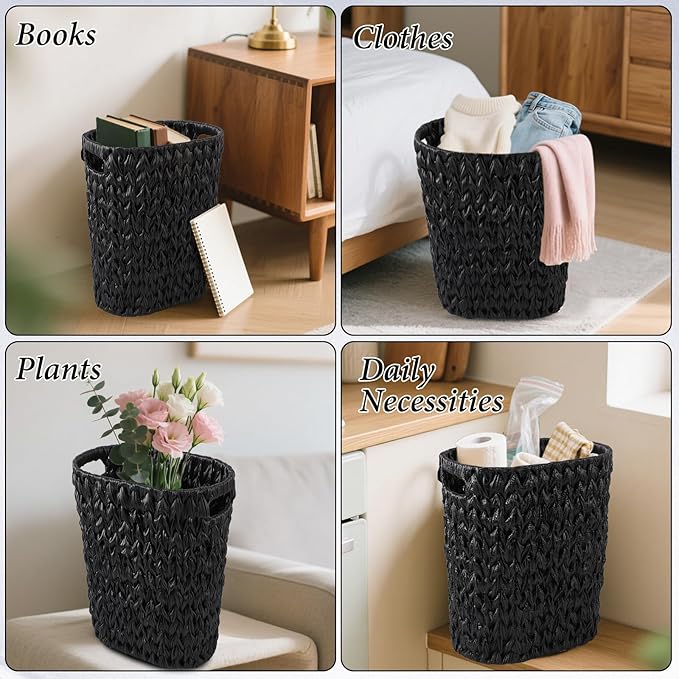 Bathroom Accessories Set, 25PCS Wicker Bathroom Accessory Set with Shower Curtain, Bath Mat, Soap Dispenser, Handwoven Trash Can & Ratten Tissue Box (Black, Bath Set+Shower Curtain+Rugs)