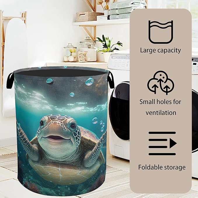 Cute Sea Turtle Foldable Canvas Laundry Basket with Handles - Toy Organizer, Heavy Duty for Home,Bedroom, Dorm, Bathroom