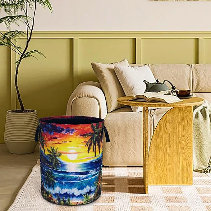Ocean Waves Laundry Basket Funny Hawaii Sunset Foldable Waterproof Oxford Cloth Tote Bag Laundry Hamper Large Clothes Storage Bucket Toy Organizer For Bathroom/Laundry Storage/Bedroom 18.9x16.5 Inch