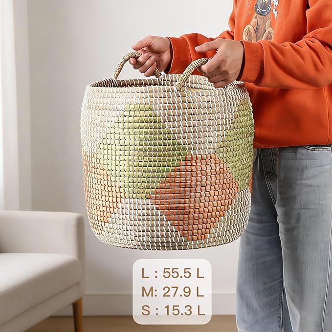 Laundry Hamper Basket Set of 3, Handwoven Natural Seagrass Storage Baskets with Handles for Home, Bedroom, Living Room & Laundry, Organization for Clothes, Toys, Blankets, 55.5L & 27.9L & 15.3L
